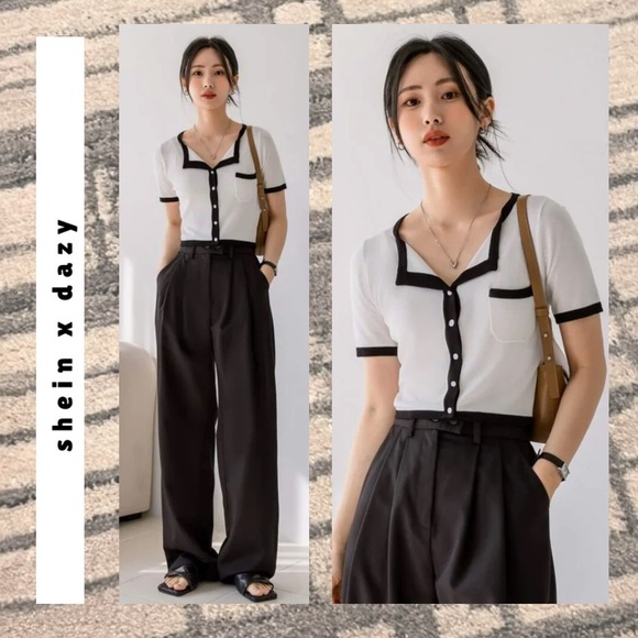 dazy • white & black short sleeve button-up cropped top with front pocket - Picture 3 of 14